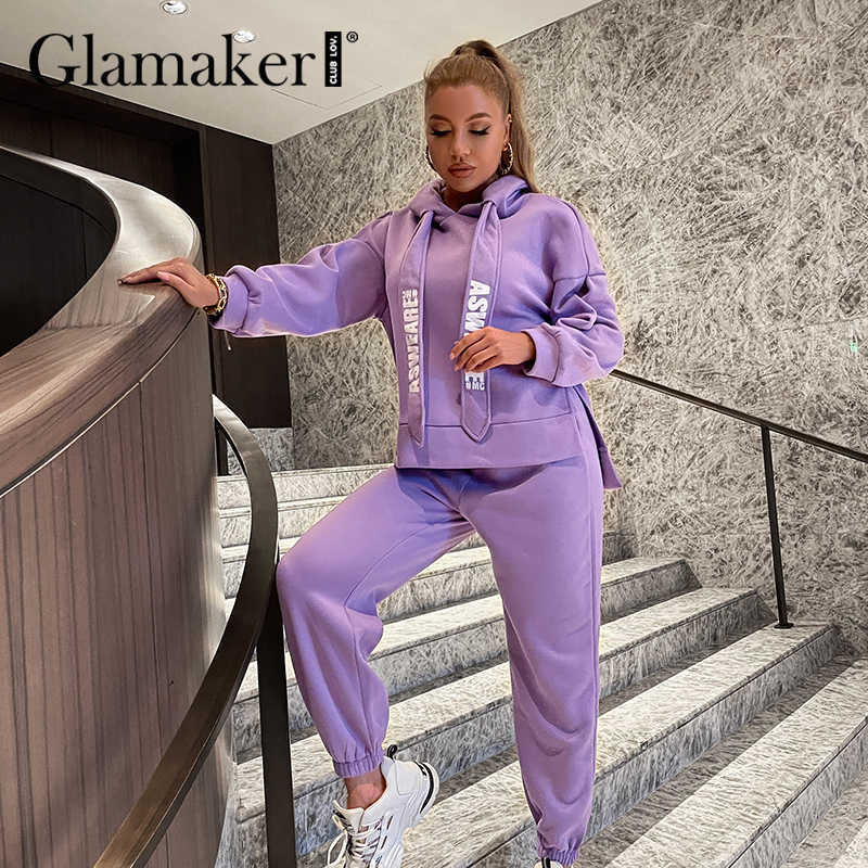 Glamaker Casual Purple loose fleece tracksuits pants suit women Oversize sweatshirt hoodies Elastic High Waist harem pant winter 211007