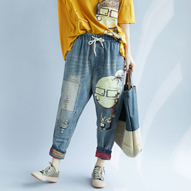 Arrival Spring Autumn Arts Style Cartoon Print Loose Casual Jeans Vintage Hole Cotton Denim Harem Pants Plus Size M583 210512