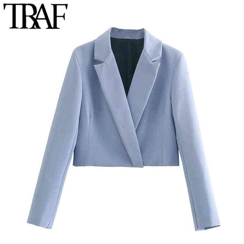 TRAF Women Fashion Hidden Breasted Cropped Blazer Coat Vintage Long Sleeve Female Outerwear Chic Veste Femme 211122