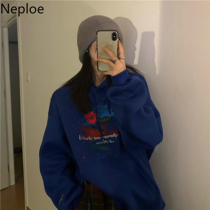 Neploe Rose Embroidery Sweatshirt Women Winter Clothes Vintage Hooded Oversized Outwear Streetwear Chic Fleece Hoodies Female 210422