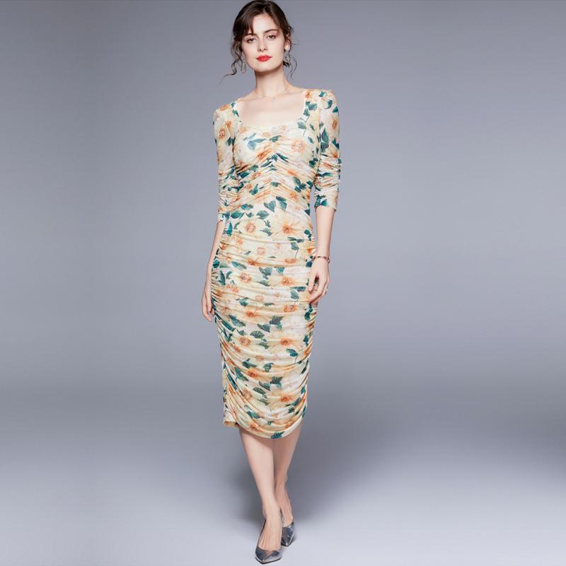 Elegant Party Dress 2021 Summer High Waist Tight Mid-Calf Puff Sleeve Small Folds Elasticity Vintage Floral Mesh Women Casual Dresses