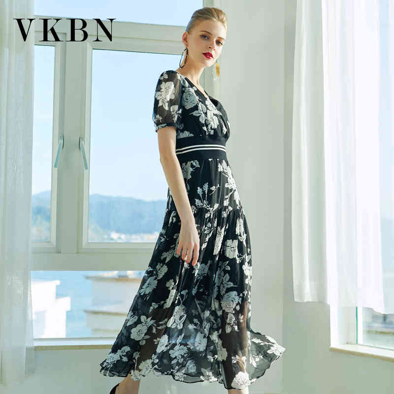 VKBN Summer Dress Women Silk Mid-Calf V-Neck Fashion Printing Elastic Waist Was Thin Dresses Long Women Fashion 210507