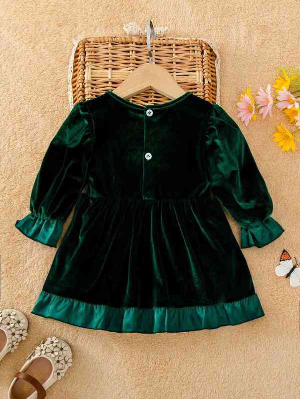 Baby Flounce Sleeve Bow Front Ruffle Hem Velvet Dress SHE