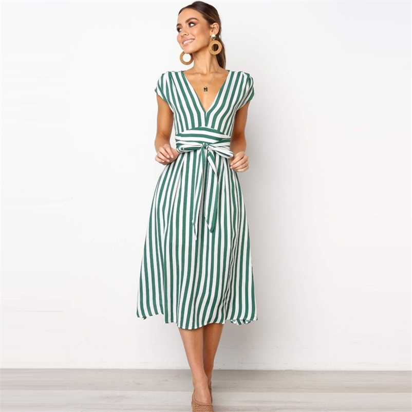 Lossky Summer Women Stripe Long Dress Sexy Deep V-neck Elegant Ladies Dresses Womens Clothing Midi Dress For Women Casual 210331