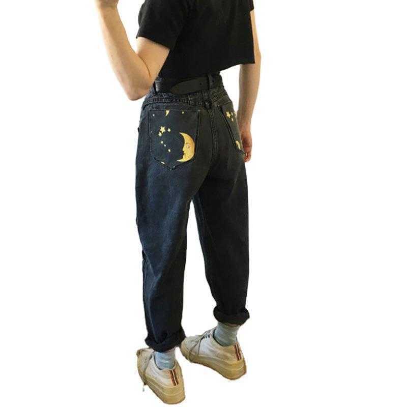 Digital Moon Star Printed Straight Pants Trendy Jeans Fashion Ladies High Waist Young Girls Chic Denim 210825