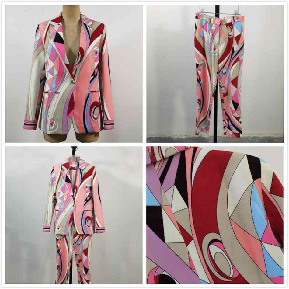 Free Spring Fashion Long Sleeve V-neck Single Button Printing Blazer Pencil Pants Two-piece Set Women 210524