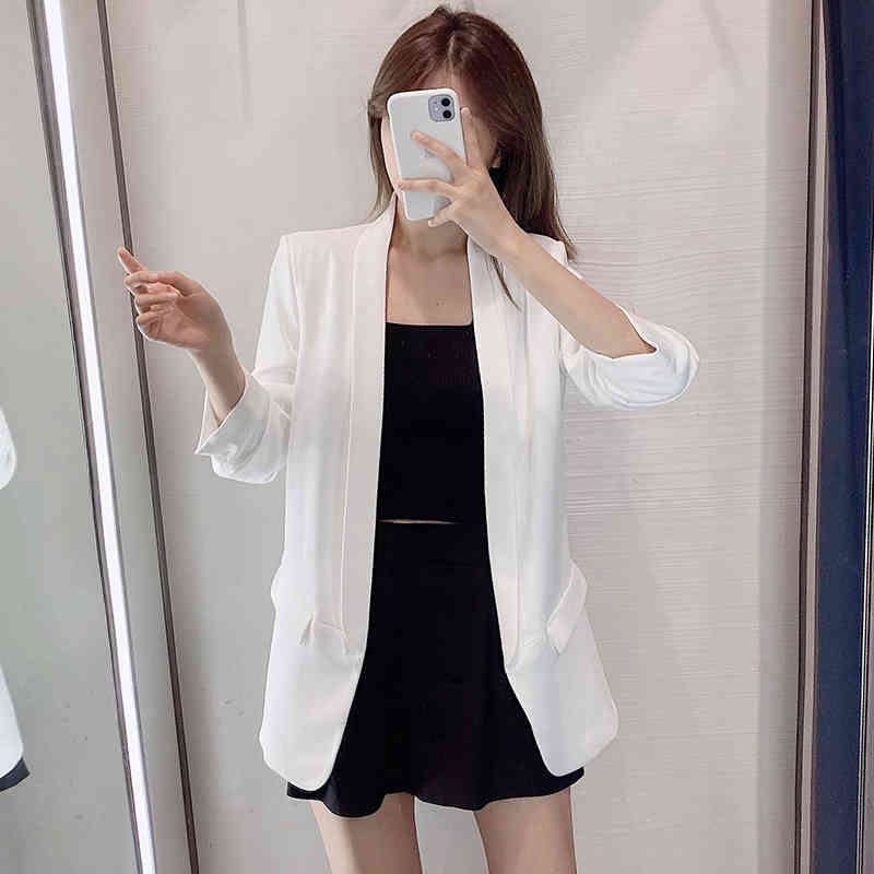 Casual Solid Blazer Women Outerwear Shawl Collar Pockets Office Coat Lady Three Quarter Sleeve Elegant Feminino 210515