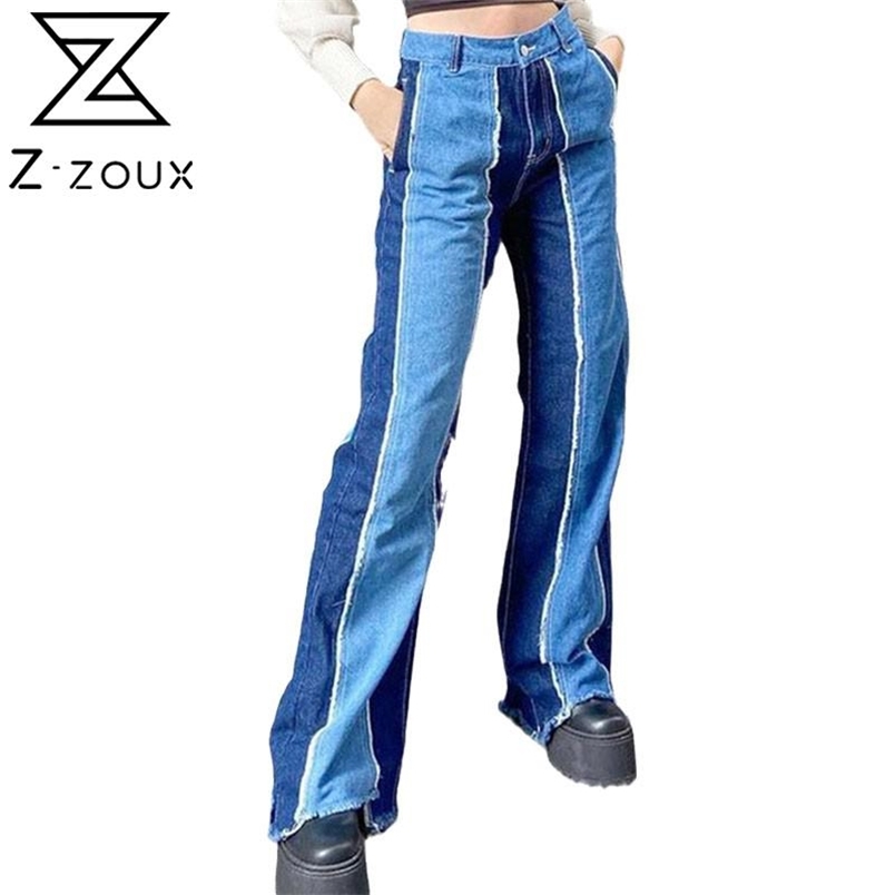 Women Jeans Pants Color Matching Trousers Loose Casual Straight Fashion Denim Long 210513