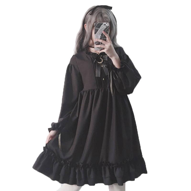 Casual Dresses QWEEK Dark Academia Style Gothic Dress Japanese Harajuku Ruffle Black Vintage Party Long Sleeve Cosplay Clothes Women