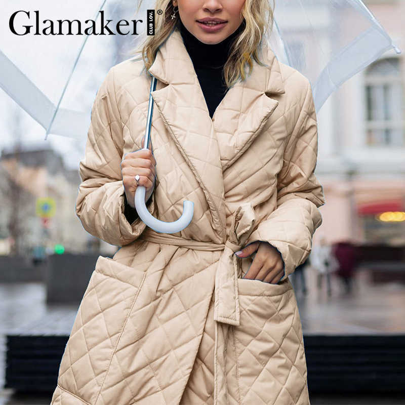 Glamaker Casual rhombus printed women winter parka Long deep pockets straight coat Female tailored collar outerwear 211011