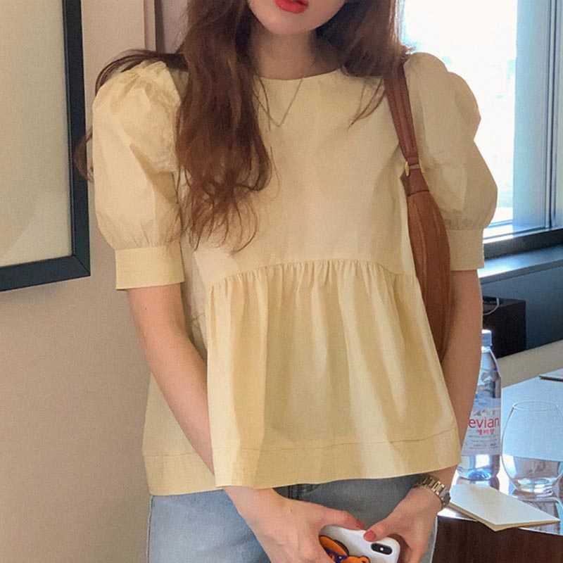 Korejpaa Women Shirt Summer Korean Fashion Chic Sweet Round Neck Lemon Yellow Loose Casual Joker Bubble Sleeve Blouse Female 210526