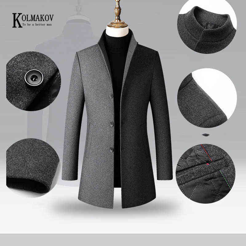 KOLMAKOV Autumn/Winter British Style Solid Men Long Woolen Coat Slim Fit Wine Red Black Navy Blue Gray Overcoat Male 4XL 211122