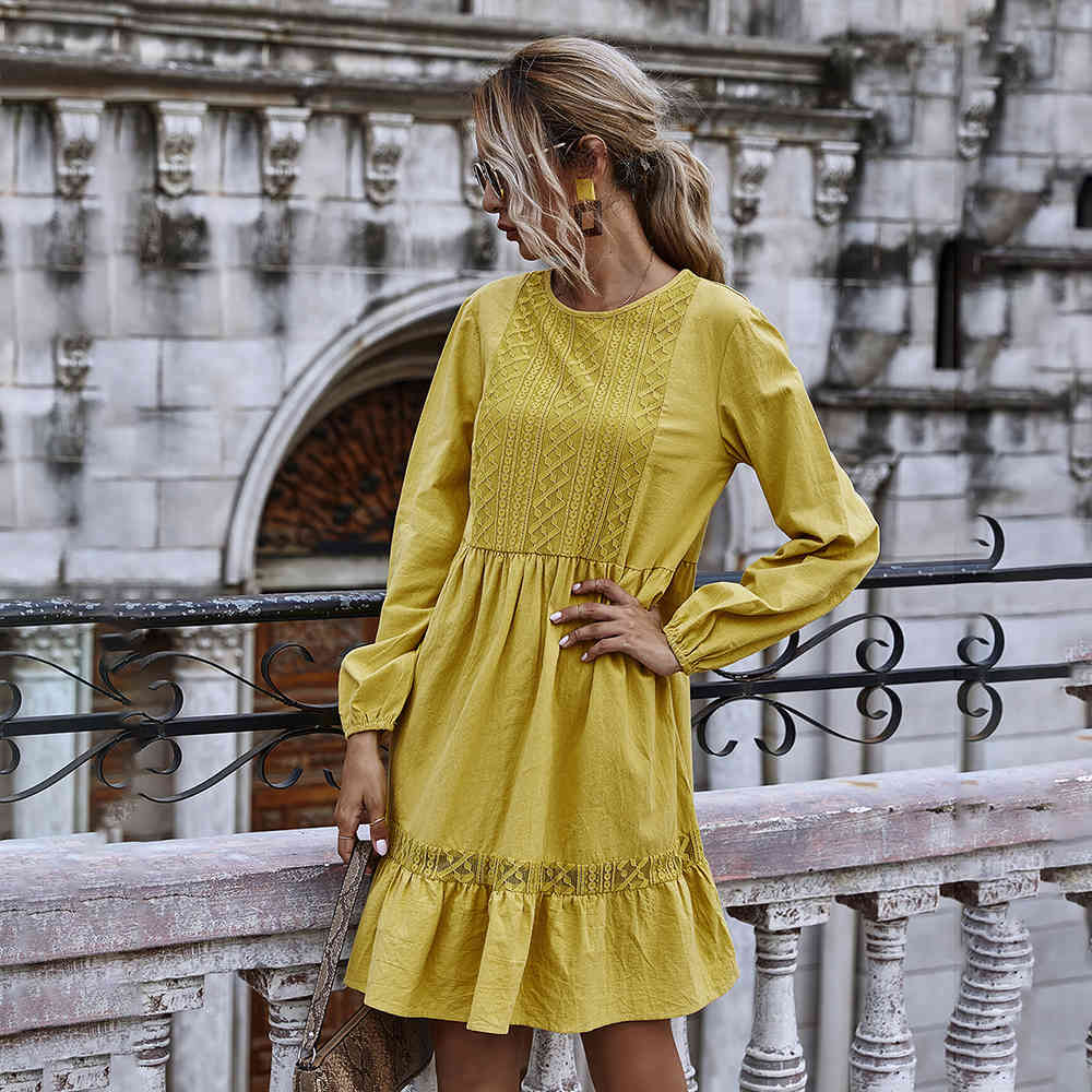 Woman Dress Autumn Winter Casual Lace Stitching Yellow Long Sleeve Loose Vintage Dresses For Women Clothes Ladies 210409