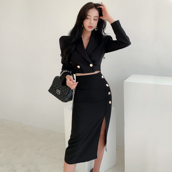 Korean Spring Women 2 Piece Set Office OL Elegant Notched Long Sleeve Crop Top+High waist Bodycon Sexy Split Midi Skirt Outfits 210519