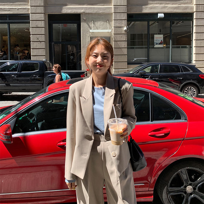 Beige Retro Chic Solid Gentle Lady Elegant OL Blazers + Vintage Casual All Match Straight Pants Set 2 Pieces Sets 210421