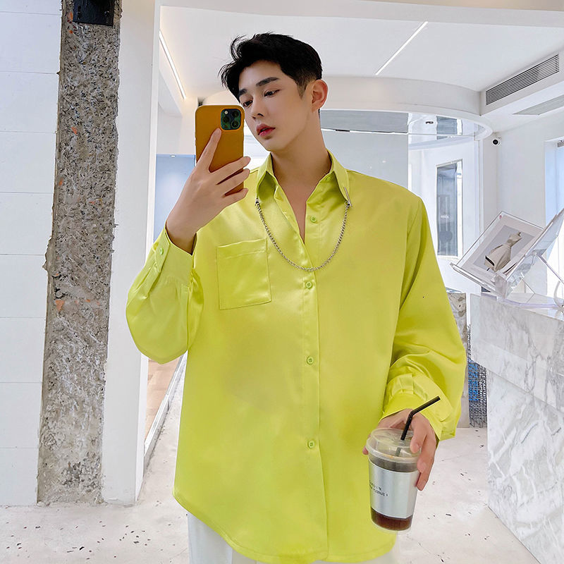 IEFB Fluorescent color shirts for men Korean streetwear fashion long sleeve tops trendy big size causal lapel clothing 210524