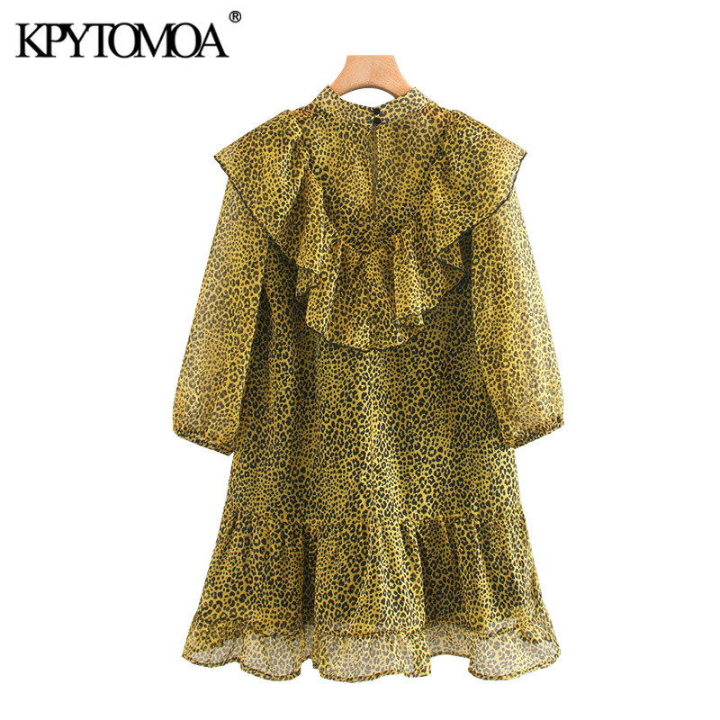 Women Chic Fashion Leopard Print Ruffled Mini Dress Half Sleeve Animal Pattern Female Dresses Vestidos 210420