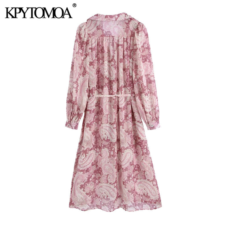 Women Chic Fashion With Belt Paisley Print Chiffon Midi Dress Long Sleeve Side Vents Female Dresses Mujer 210420