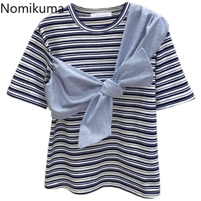 Nomikuma Summer Striped Short Sleeve Woman T Shirt Bow Bandage Korean Graphic Tees New Causal O-neck Tshirt Femme 6H168 210427
