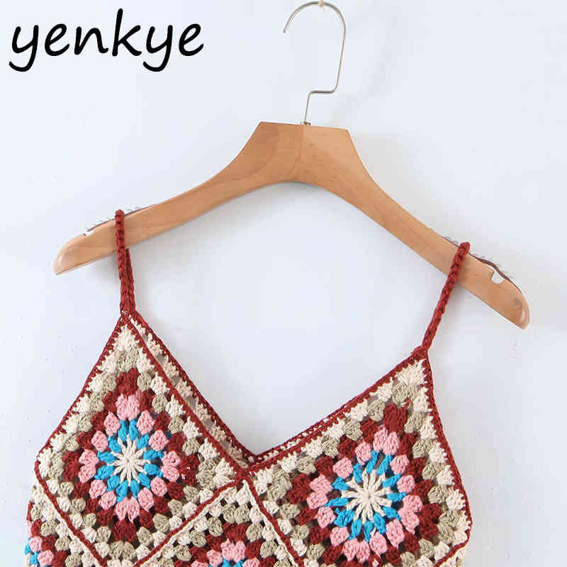 Vintage Ethnic Crochet Cami Top Women V Neck Sleeveless Sexy Tops Ladies Holiday Summer Boho ropa mujer 210430