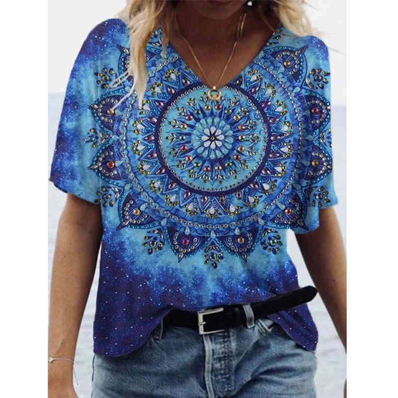 Harajuku Streetwear Tshirts Summer Vintage Printed Tops Women Casual Short Sleeve V-neck Plus Size Tee Shirt Femme Lady Clothes 210406