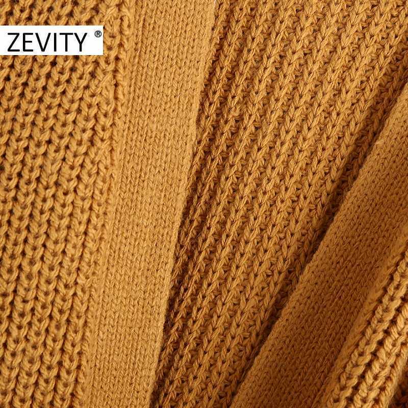 Zevity Women Leisure Cross V Neck Solid Color Bow Tied Knitting Sweater Coat Ladies Long Sleeve Casual Kimono Chic Tops S444 210603