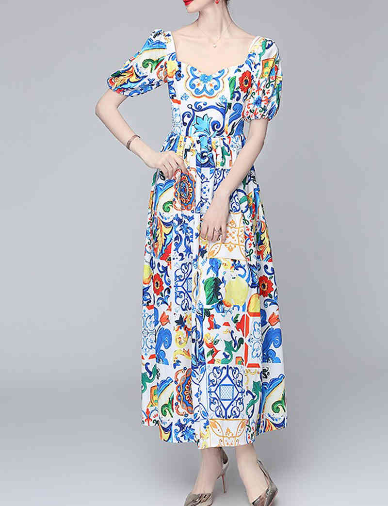 victorian square collar puff sleeve blue and white vintage printed summer maxi dress for women lady fashion chic robe 210421