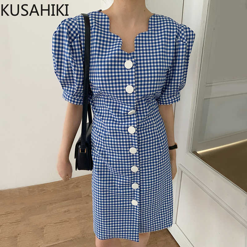 Korean Chic Plaid Woman Dress Wave V-neck Single Breasted Dresses Puff Short Sleeve Vestidos Mujer 6G268 210603, Blue
Korean Chic Plaid Woman Dress Wave V-neck Single Breasted Dresses Puff Short Sleeve Vestidos Mujer 6G268 210603, Blue