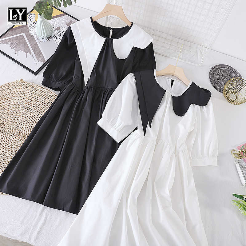 LY VAREY LIN Summer Women Casual Loose High Waist White Black Dresses Sweet Irregular Peter Pan Collar Puff Sleeve 210526