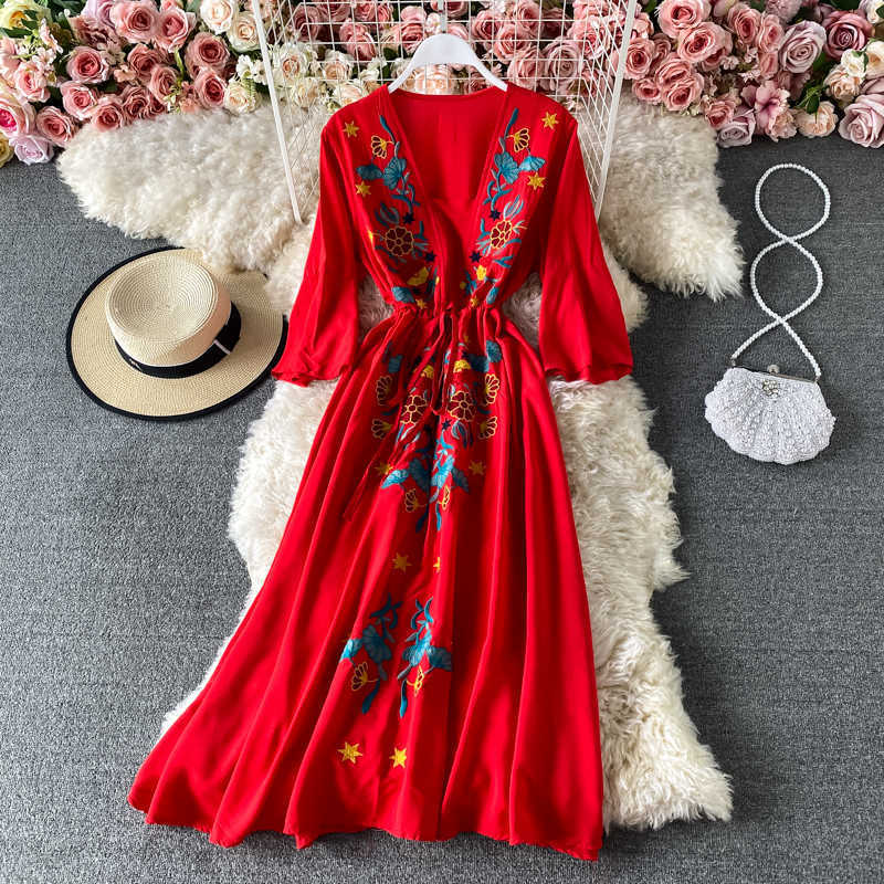 LY VAREY LIN Spring Summer Women V-neck Embroidery Midi Dresses Casual Flare Sleeve Bohemian Female 210526