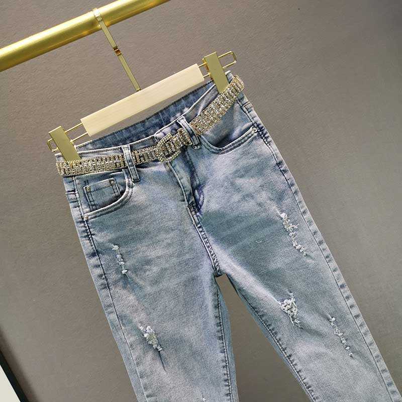 Spring Women's Cotton Elastic High Waist Irregular Tassel Denim Pants Hole Ripped Ankle Length Jeans 210708