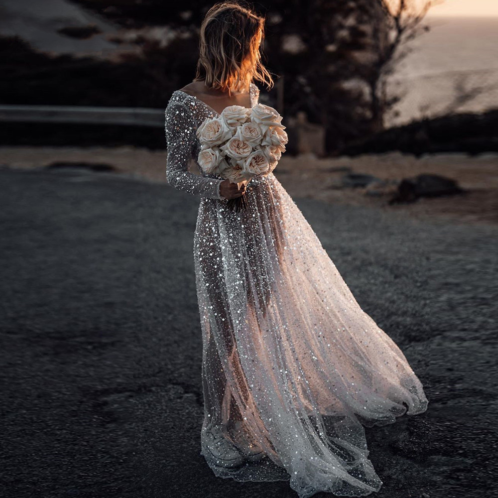 Sexy Illusion Boho Wedding Dress A-Line V-Neck Sleeves Wedding Dresses Backless Beach Bridal Gowns Sequined Beading Beach 2021