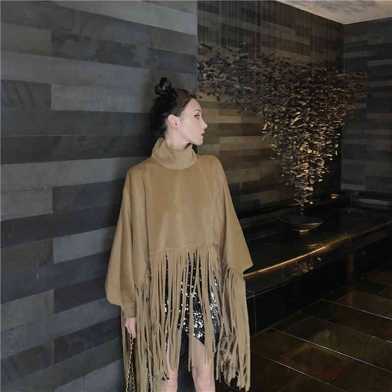 Autumn Winter Women Overcoat Manteau Fashion Streetwear Batwing Sleeve Faux Mink Cashmere Tassel Cloak Coat 210506