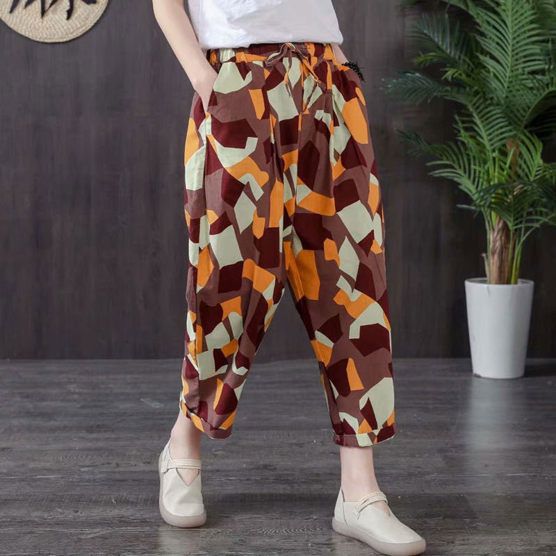 Spring Summer Women Pants Plus Size Elastic Waist Geometric Cotton Linen Harem Vintage print Loose Wide Leg D44 210512