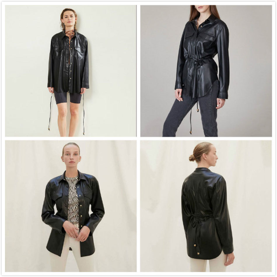 Free Streetwear Colorblock PU Leather Top Women Cardigan Button Belt Lace-Up Fashion Long Sleeve Shirt 210524
