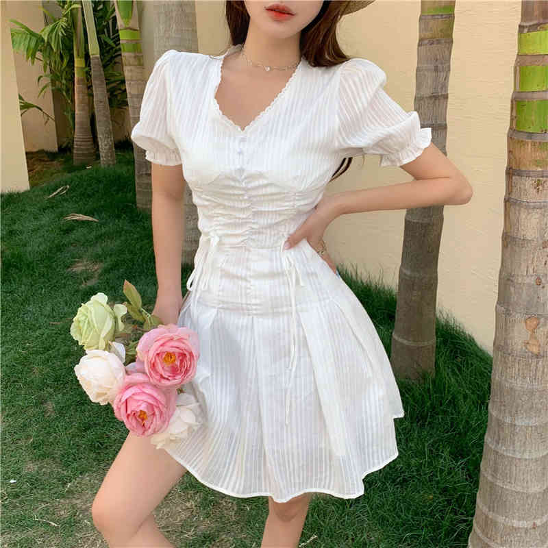 Summer Elegant Mini Dress Woman Korean Party Beach Female Puff Sieeve Office Lady V-Neck A-Line 210519