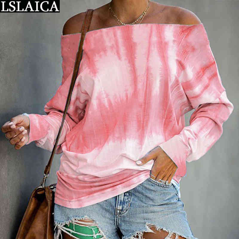 T Shirts Women Summer Long Sleeve Slash Neck Tie Dye Ladies Top Casual Elegant Plus Size S-5XL Streetwear 210520