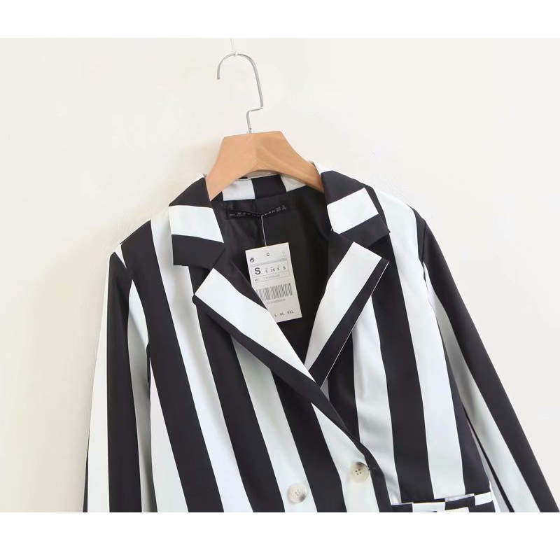 Striped Lapel Long Sleeve Coat: Professional Korean Style Jacket For Women