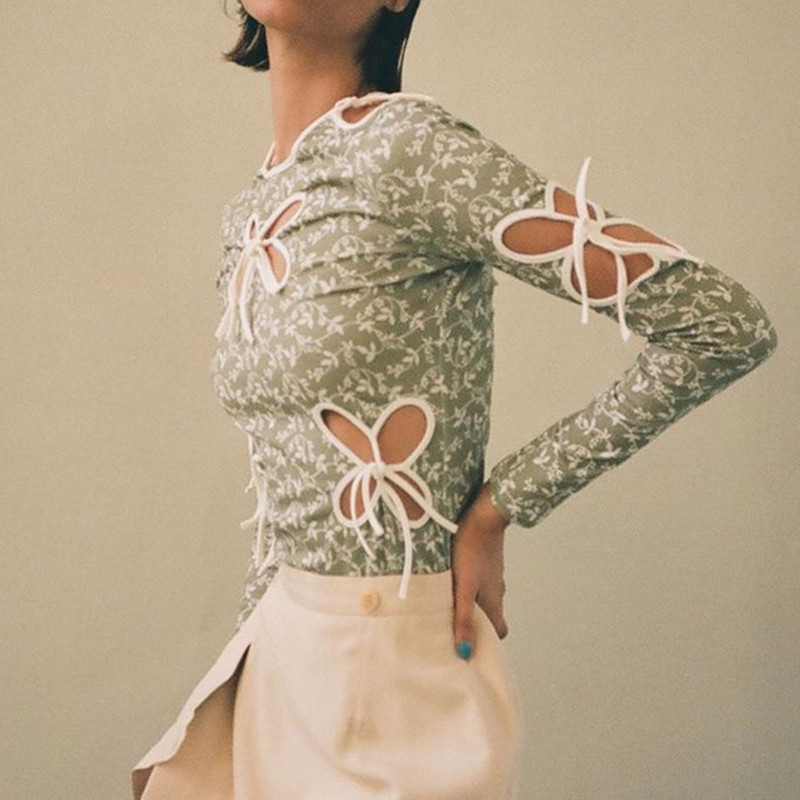 Vintage Butterfly Hollow Out Bandage Long Sleeve T-shirts Streetwear Floral Print O-neck Tops Y2K Fashion Outfits Tee Tops 210515