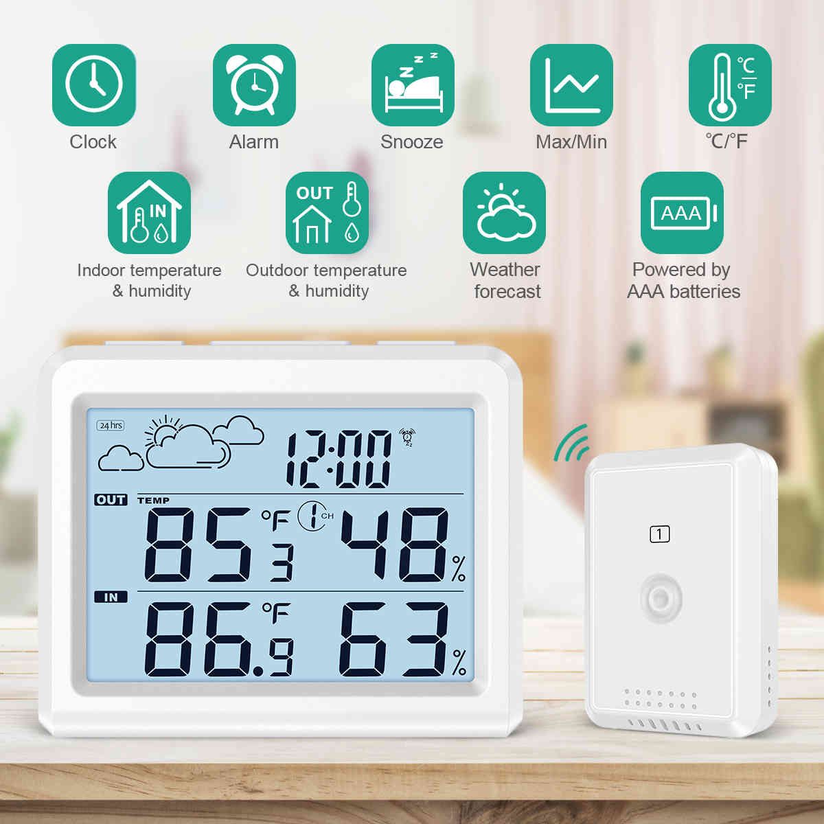 Digital interior air free thermometer meteorological station humidity monitor temperature without backlight wire alarm time