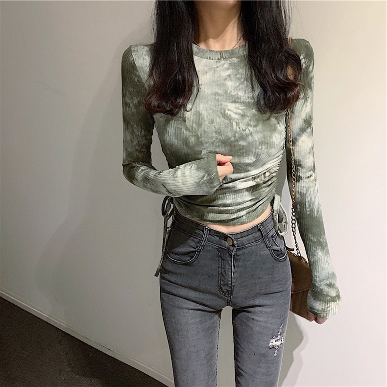 Sexy Tie Dye Cropped Long Sleeve T-shirt Crop Top Tie-die Woman Side Lacing up Waist Bandage Pullover Tee Streetwear 210429