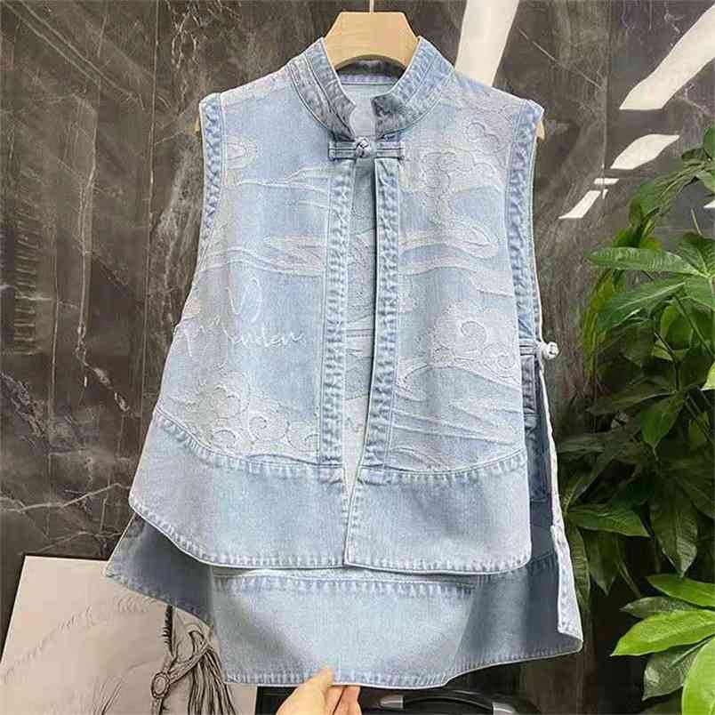 Spring/autumn Arts Style Women Loose Casual Single Button Embroidery Vest Cotton Denim Mandarin Collar Patchwork W301 210512