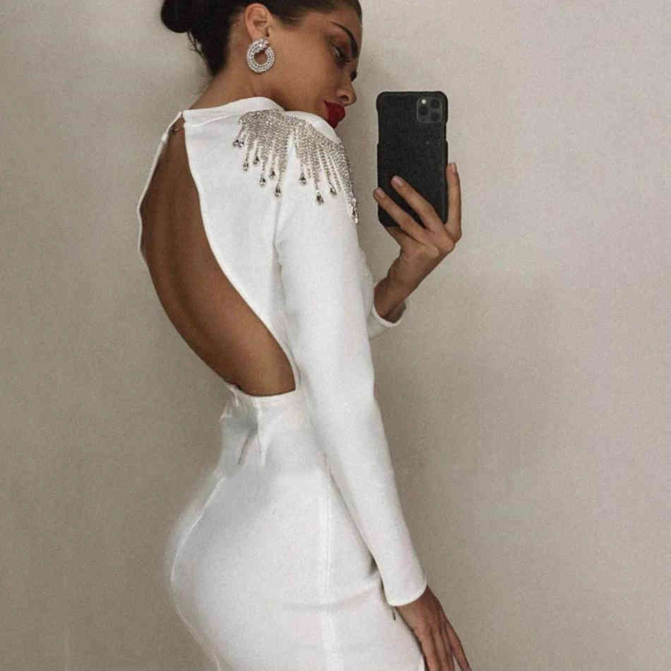 Black Diamons Tassel Bandage Women's Summer Dress Sexy Long Sleeve Backless Maxi Evening Runway Club Party 210423