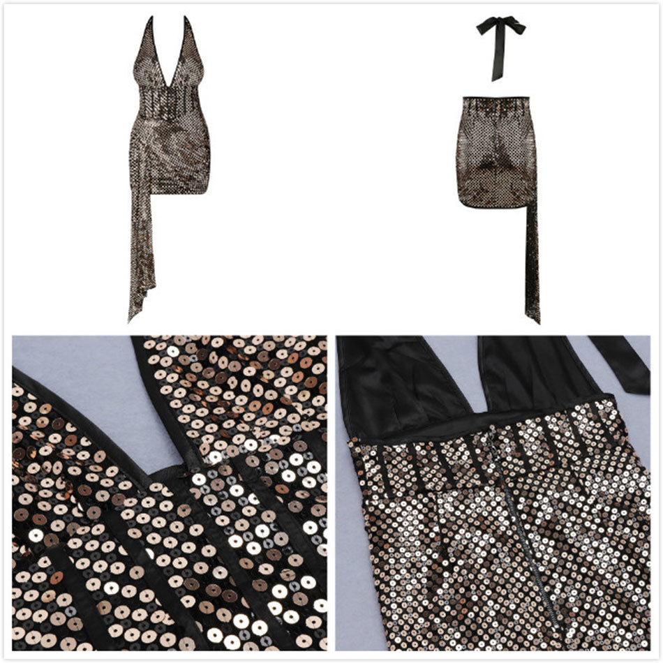 Free Women's Sequined Dress Sleeveless V-neck Halter Sexy Irregular Bodycon Nightclub Vestido 210524
