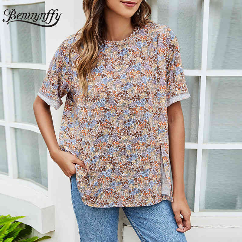 Crew Neck Floral Print Split Tops Blouses Summer Short Sleeve Loose Casual Boho Womens and 210510