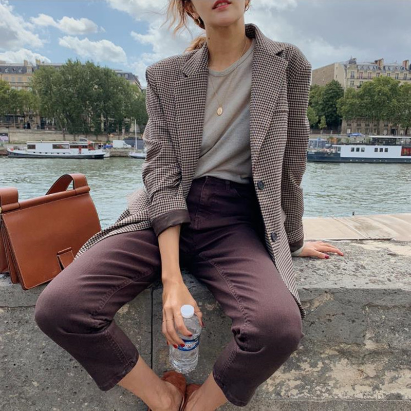 OL Work Wear Vintage Houndstooth Plaid Blazer Women Autumn Elegant Chic Cardigan Loose Suit Jack Female Blazers 210421