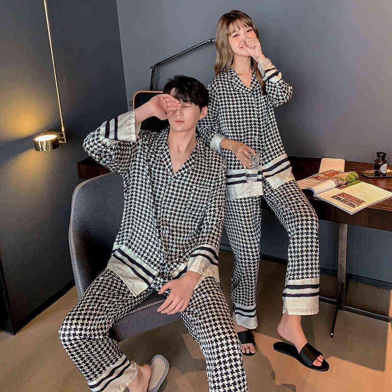 QSROCIO Silk Like Houndstooth Women's Pajamas Set Fashion Style Female Couple Sleepwear Home Clothes for Men Nightwear Pyjama 220114
