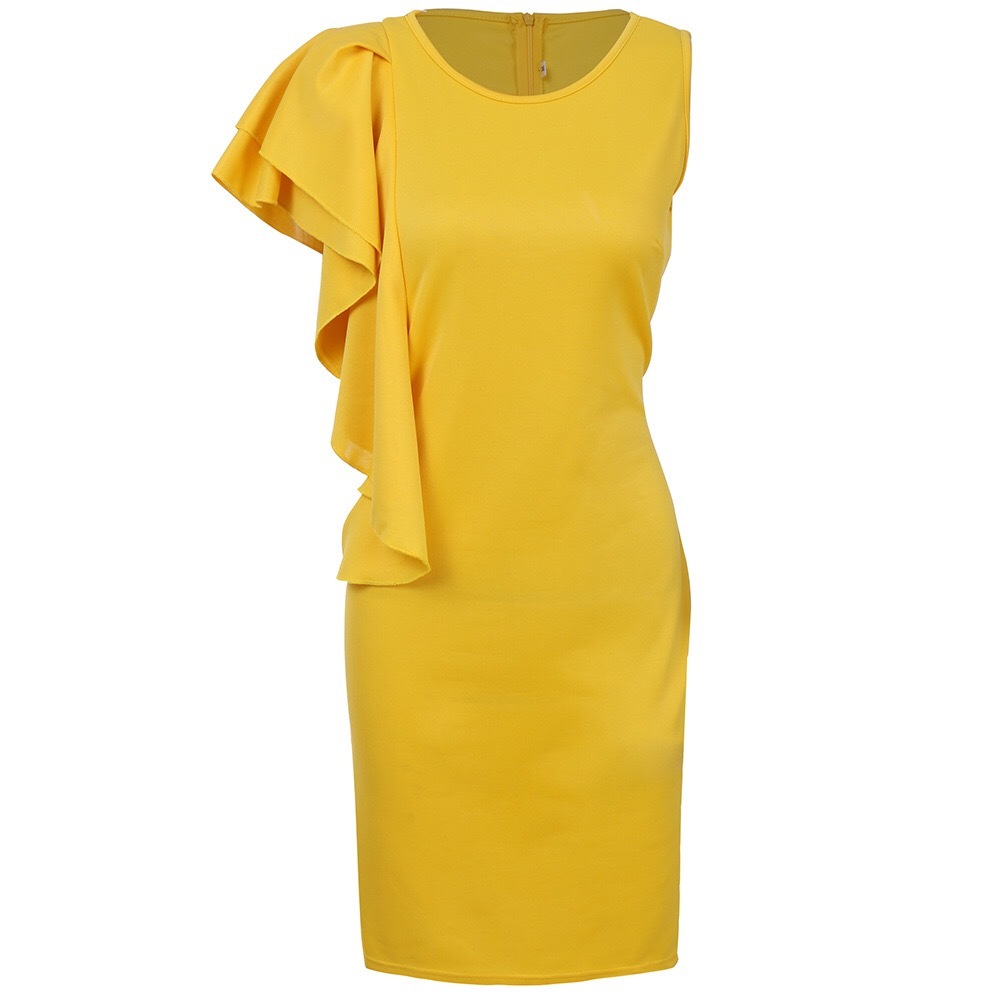 4xl 5xl 6xl Plus Size Dresses For Women Elegant Yellow Ruffles V Neck Bodycon Official Office Work Business Clothes Midi 210510