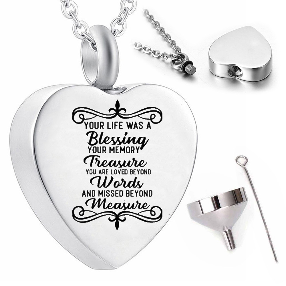 Stainless steel heart-shaped pendant necklace souvenir cremation jewelry ashes urn to store a small amount of commemorative items
Stainless steel heart-shaped pendant necklace souvenir cremation jewelry ashes urn to store a small amount of commemorative items