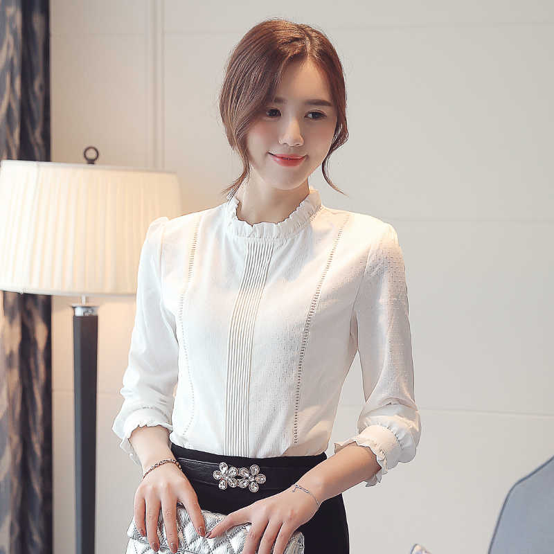 Korean Fashion Women Chiffon Shirt Woman Long Sleeve Blouse s Office Lady Hollow Out White Top Plus Size s 210531